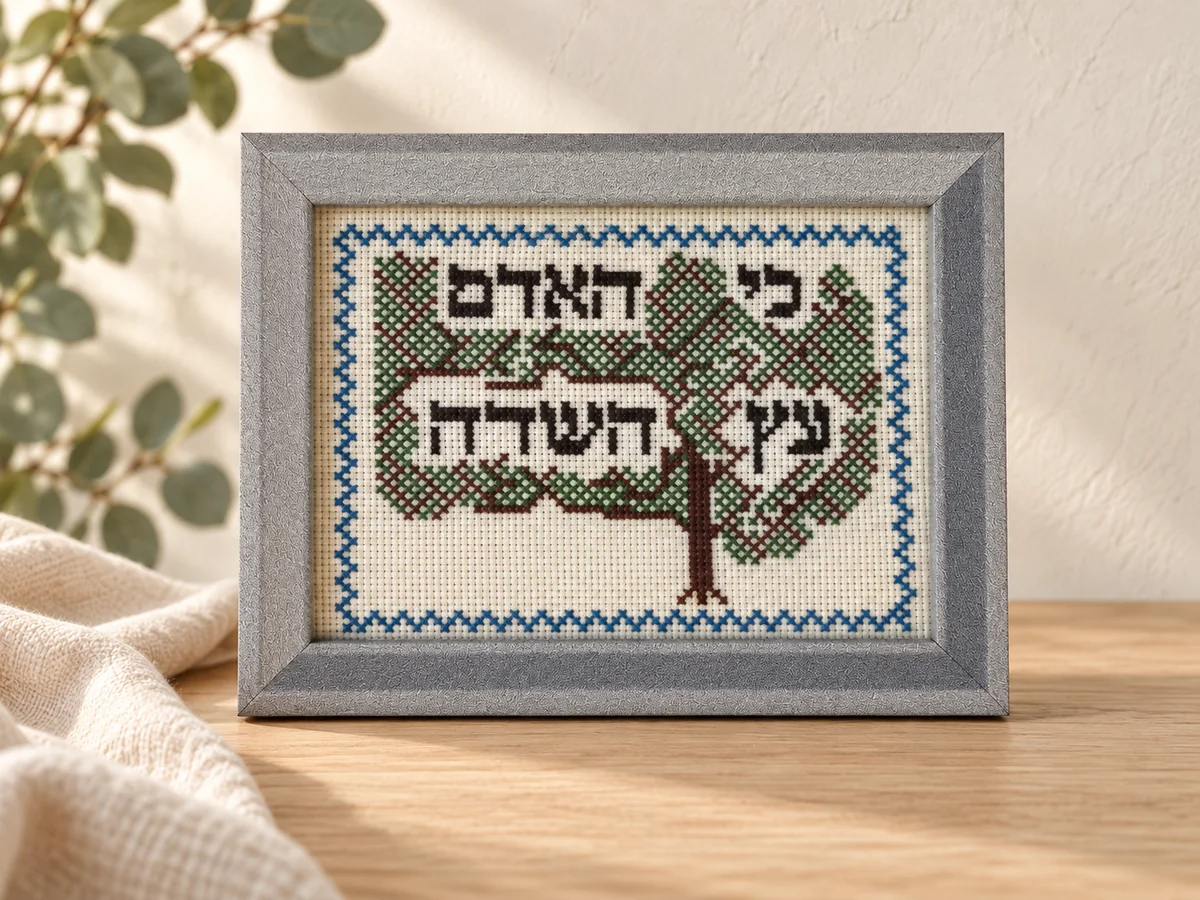 רקמה ממוסגרת עם עץ ואותיות בעברית