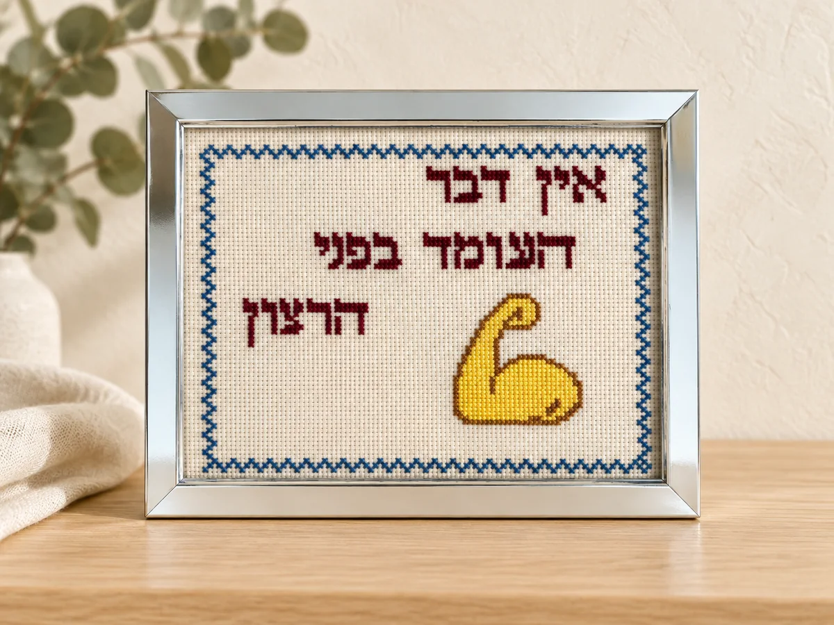 רקמה ממוסגרת עם אותיות בעברית ואיור זרוע