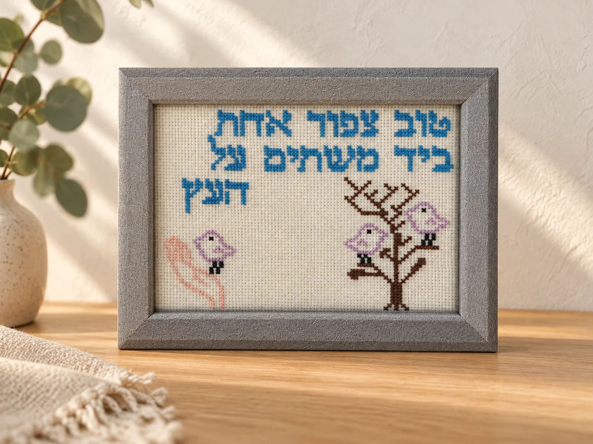 רקמה ממוסגרת עם ציפורים ועץ