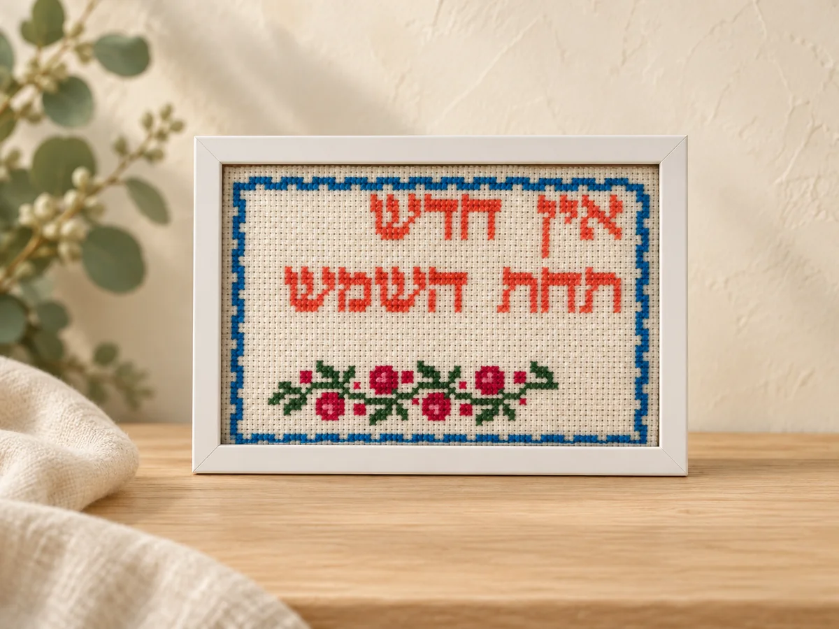 רקמה ממוסגרת עם פרחים וכיתוב בעברית